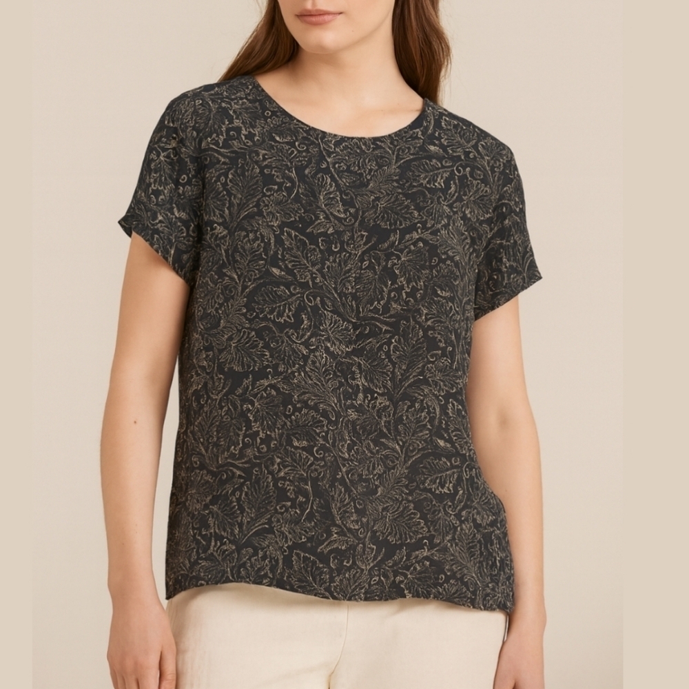 Jones New York Vintage Deadstock Black Tan Patterned Short Sleeve 100% Silk Top - Picture 3 of 14